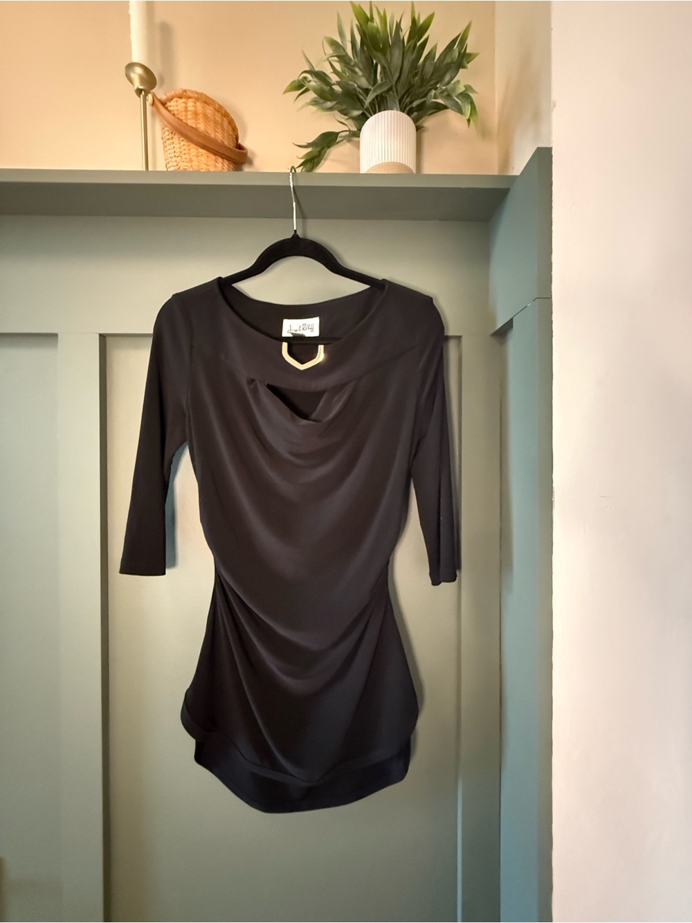 Joseph Ribkoff Black Draped Neck 3/4 Sleeve Top with Gold Accent